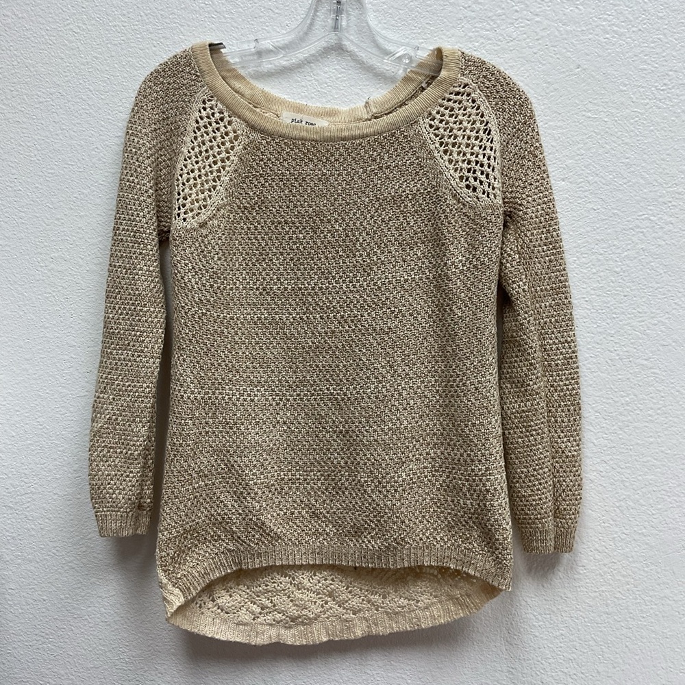 Pink Rose Tan & Cream Knit Pullover Sweater Open Knit Detail Size L